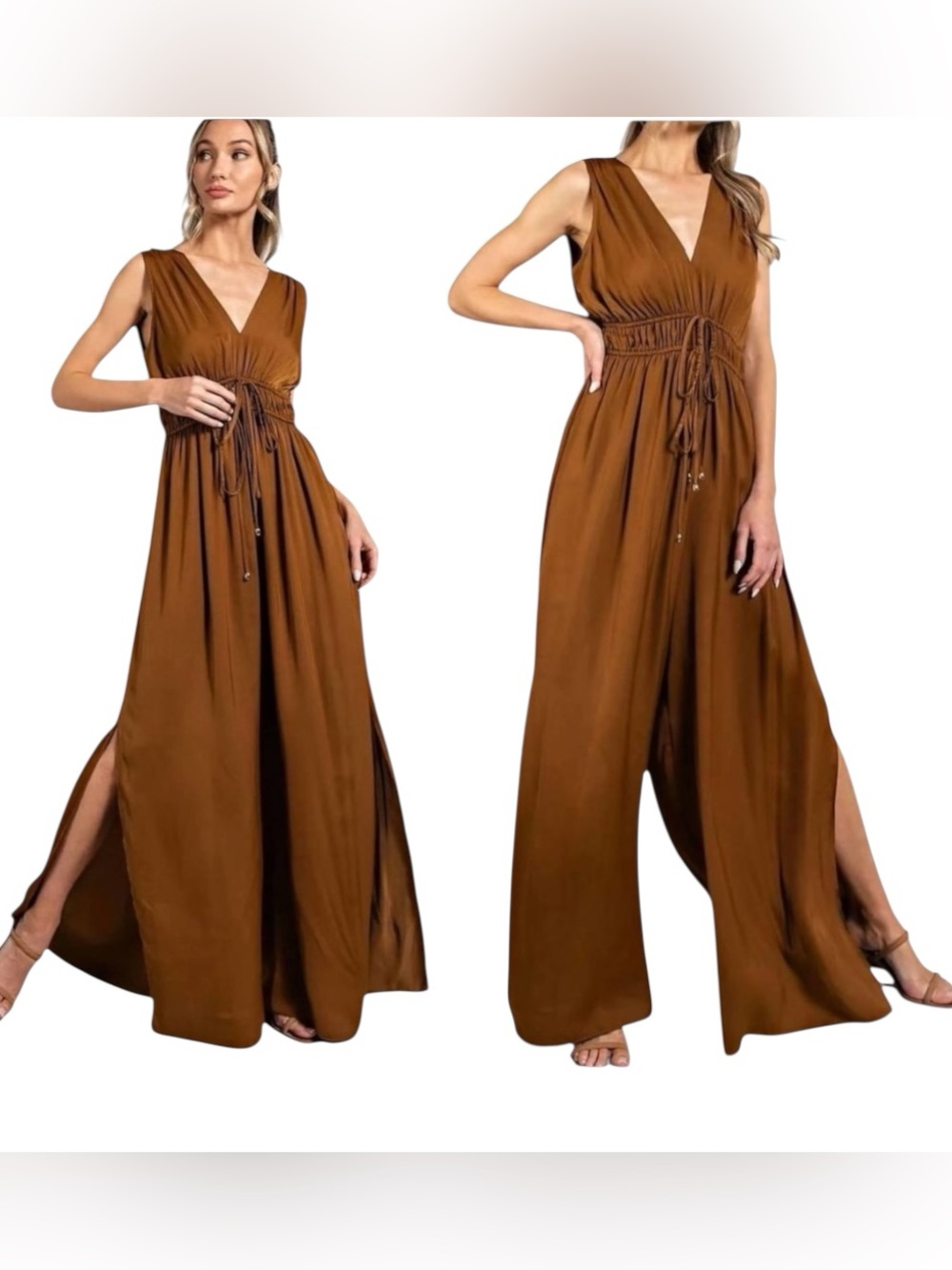 Boho Brown Wide Leg Jumpsuit Palazzo Pants Sleeveless Tie Waist Size Medium